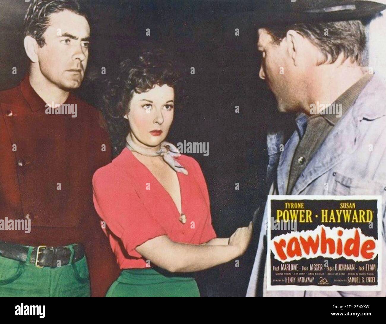 RAWHIDE 1951 20th Century Fox filmmavec de gauche: Tyrone Power, Susan Hayward, Hugh Marlowe Banque D'Images