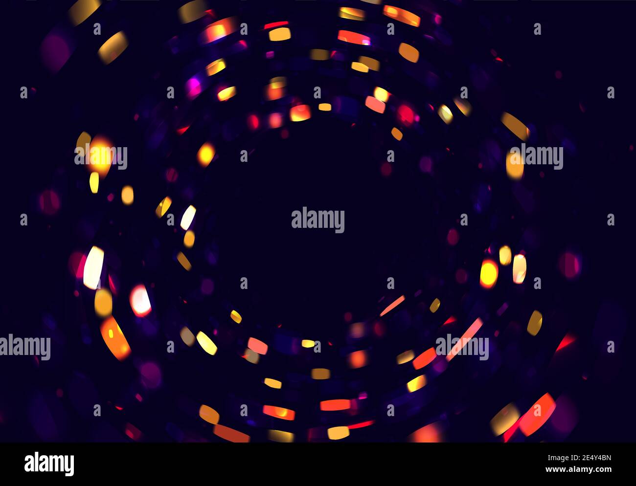 Lumières étincelantes formant un cadre rond dans l'espace de nuit, confettis dorés en mouvement, décor festif ou toile de fond Illustration de Vecteur