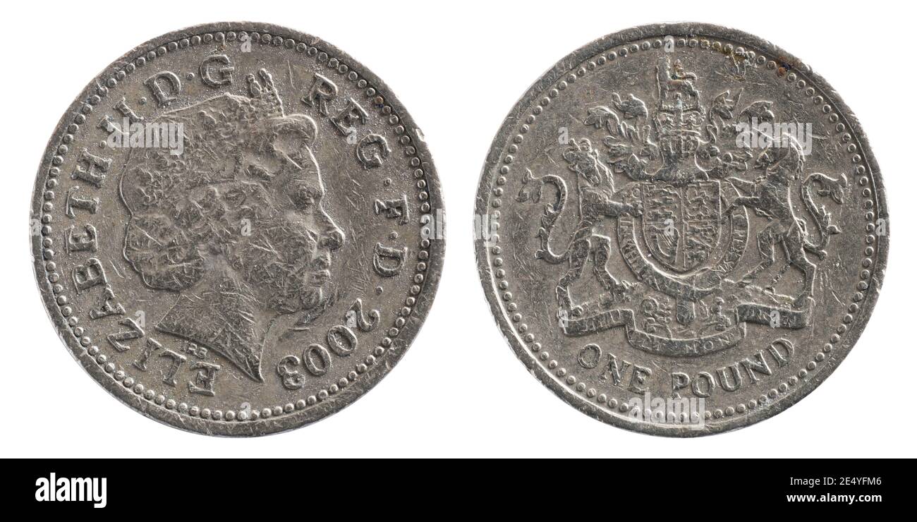Pièce de monnaie sterling de livre d'occasion photographiée des deux côtés. Profil de la reine Elizabeth sur l'arrière. Isolé sur blanc Banque D'Images