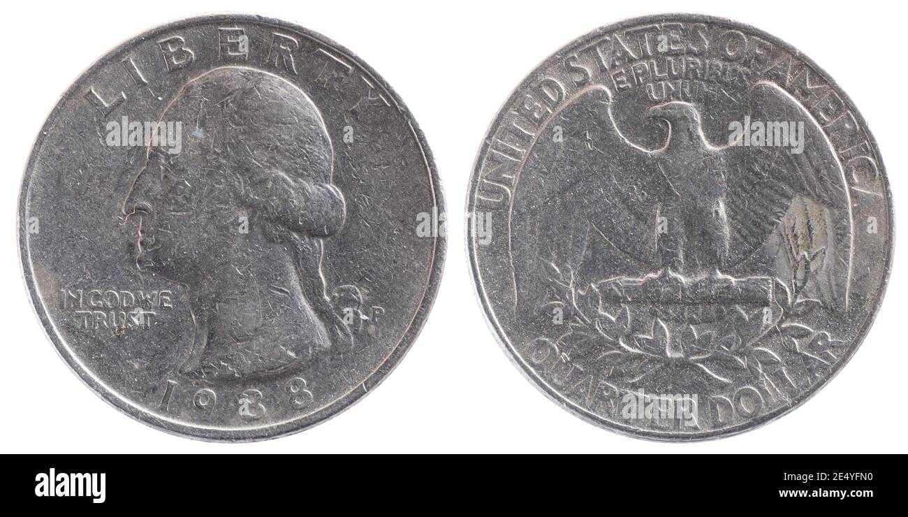 Utilisé Quarter Dollar ou pièce d'argent 25 cents, premier président des États-Unis George Washington profil sur l'inverse. En Dieu, nous avons confiance Banque D'Images