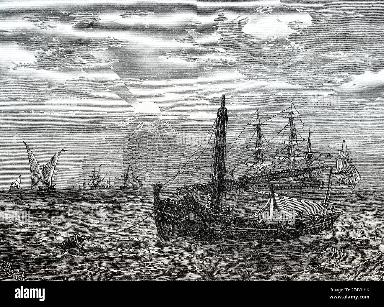 Vue historique du cap Trafalgar, province de Cádiz, Espagne, XVIIIe siècle, des batailles britanniques sur terre et mer par James Grant Banque D'Images