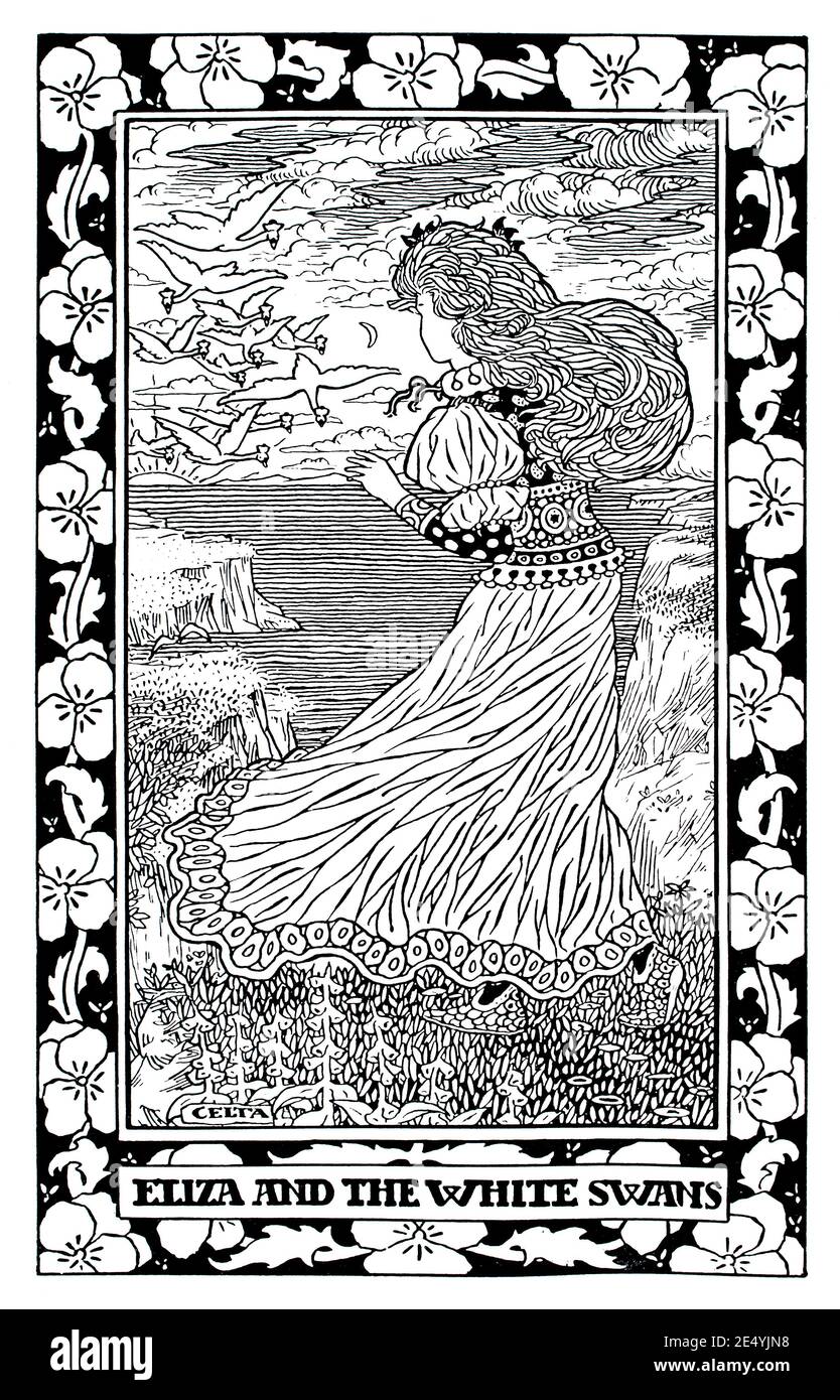 Eliza et les cygnes blancs, l'illustration de la fée des cygnes sauvages par Scott Calder en 1897 The Studio an Illustrated Magazine of Fine and Applied Art Banque D'Images