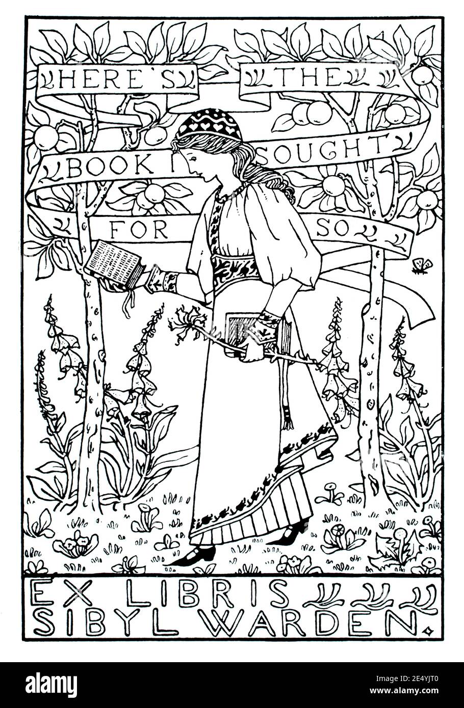 Où est le livre recherché ainsi, bibliothèque pour Sybil Warden, illustration de ligne par Mildred A Peacock d'Oakley, West Bromwich, Birmingham, en 1897 le S Banque D'Images
