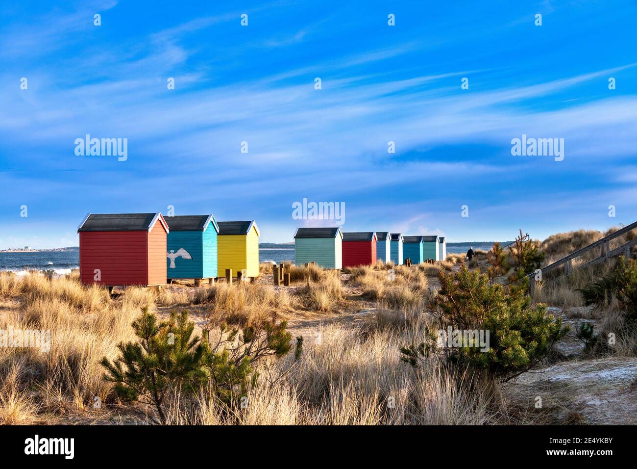 FINDHORN MORAY COAST SCOTLAND LA PLAGE AVEC DES CHALETS COLORÉS OU HUTTES ET PERSONNE PASSANT Banque D'Images
