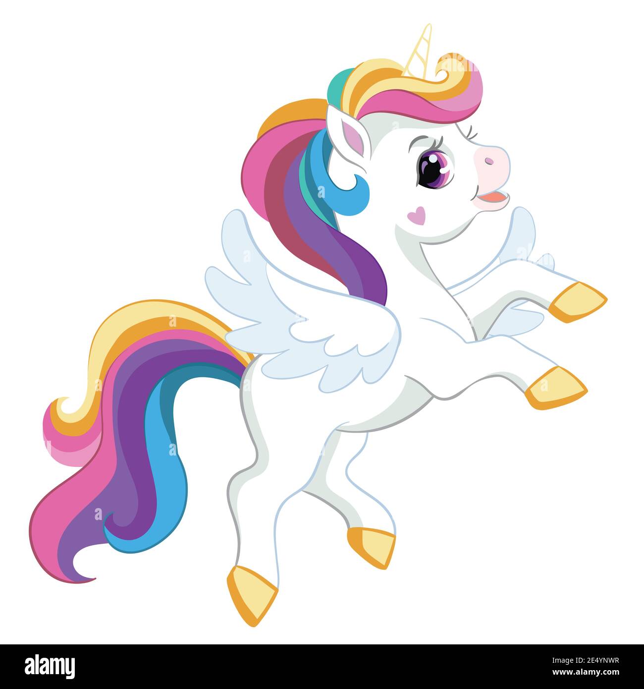 Jolie licorne de dessins animés avec des ailes et des lamanes arc-en-ciel. Illustration vectorielle isolée. Pour carte postale, affiches, création de pépinière, carte de vœux, autocollants, décoration de chambre Illustration de Vecteur
