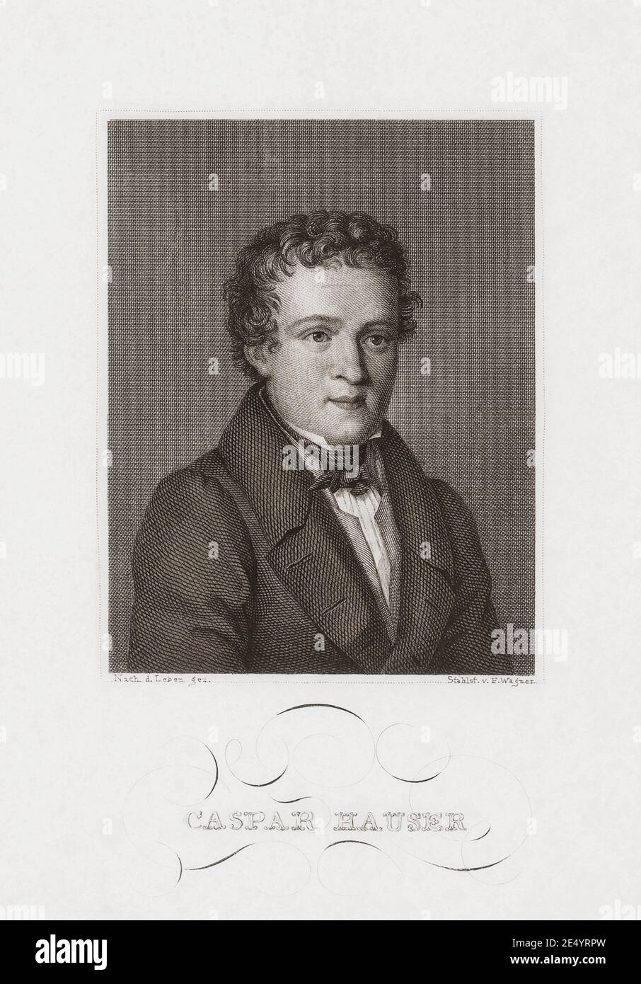 Kaspar Hauser, c. 1812 - 1833. Hauser apparut mystérieusement en 1828, affirmant qu'il avait été enfermé dans un donjon depuis qu'il était un petit enfant. Son étrange cas titillait la fantaisie publique. Parmi les rumeurs étaient une qu'il était le prince héréditaire de Baden. Sa mort à la suite d'une blessure par coups de couteau en 1833 a ajouté un mystère supplémentaire à son cas : certains pensaient qu'il avait été assassiné, d'autres qu'il s'était poignardé lui-même. Après un travail de Friedrich Wagner. Banque D'Images