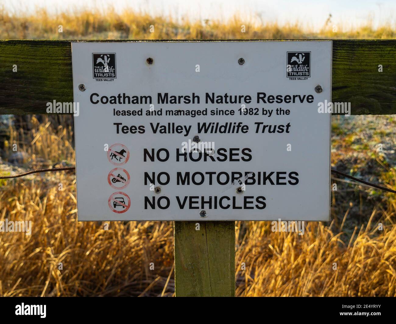 Un panneau à la réserve naturelle de Coatham Marsh à Warrenby Redcar Cleveland, qui est gérée depuis 1982 par le Tees Valley Wildlife Trust Banque D'Images