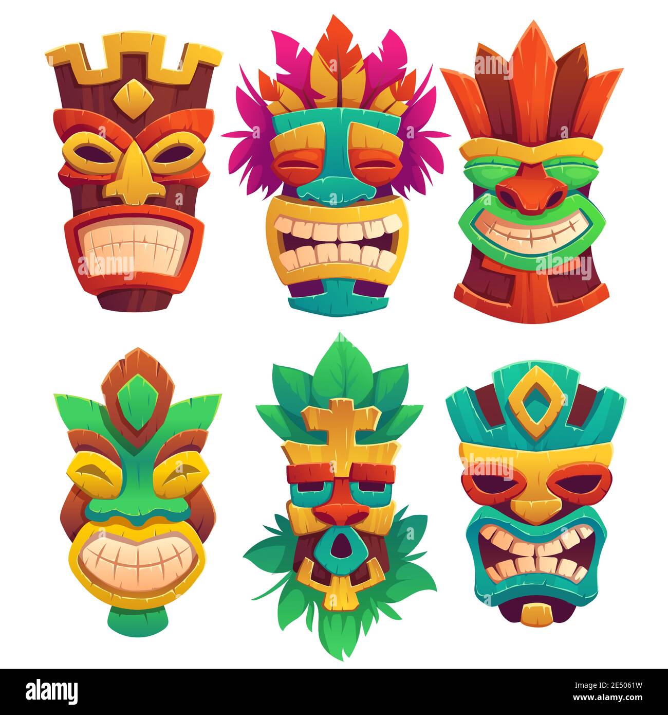 Masques Tiki, totems en bois tribal, attributs de style hawaïen ou ...