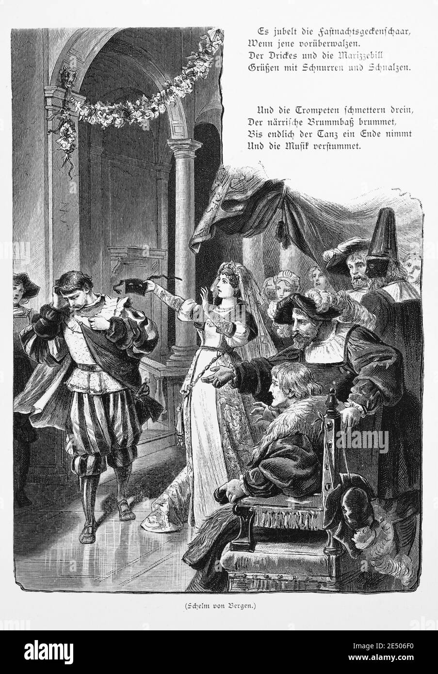 Illustration du poème de Heine 'chelm von Bergen' ou Rascal de Bergen avec deux versets , poète allemand Heinrich Heine, collection de poèmes Romancero, 1880 Banque D'Images