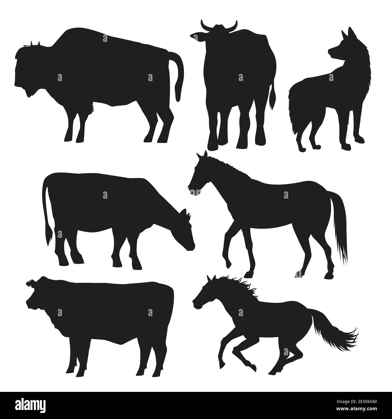 chevaux et vaches animaux noirs silhouettes icônes isolées illustration vectorielle conception Illustration de Vecteur