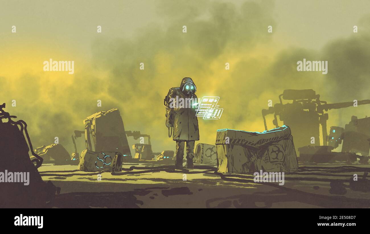 l'homme en costume de protection chimique utilise un dispositif de haute technologie pour vérifier la zone, le style d'art numérique, la peinture d'illustration Banque D'Images