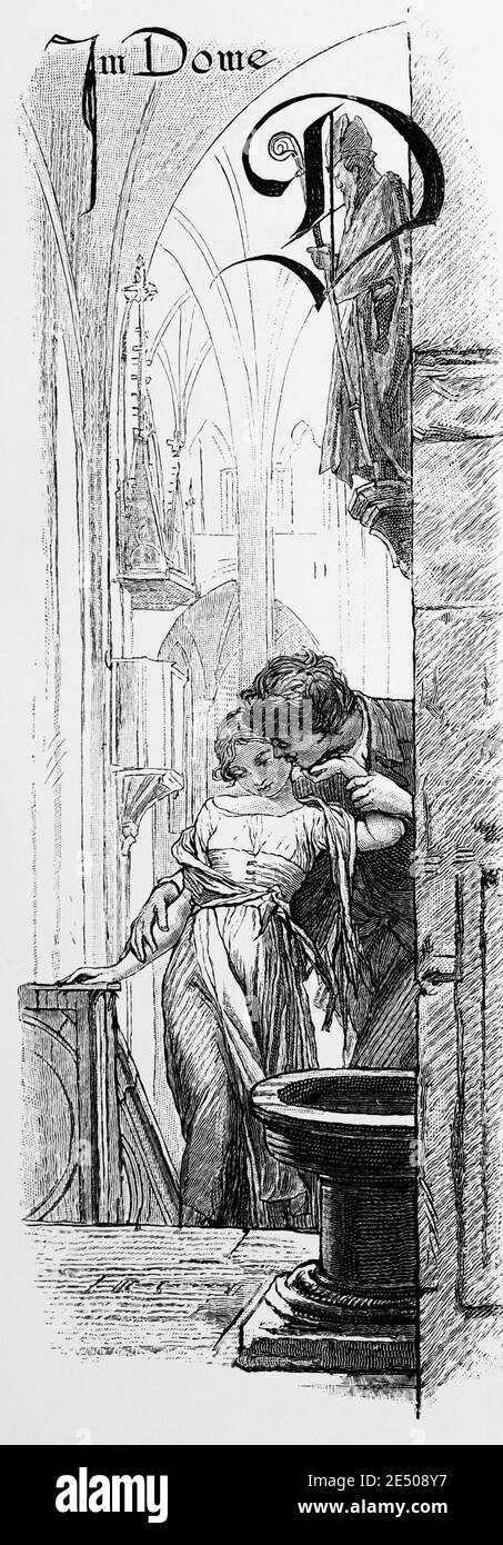 Illustration du poème de Heine 'im Dome' ou à l'intérieur de la cathédrale sur un couple aimant, poète allemand Heinrich Heine, collection de poèmes Romancero, 1880 Banque D'Images