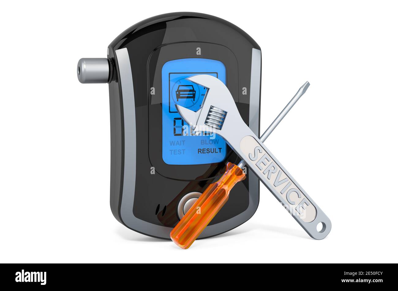 Entretien et réparation de l'alcootest, testeur portatif d'alcool dans l'haleine. Rendu 3D isolé sur fond blanc Banque D'Images