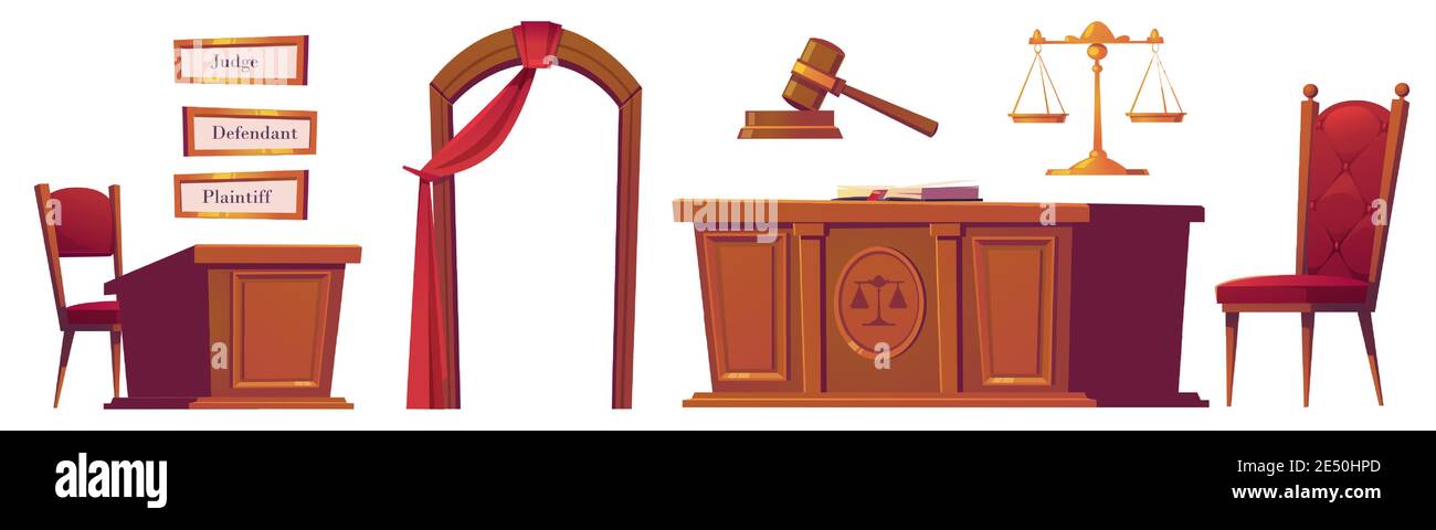 Ensemble d'objets de salle d'audience, avel en bois, bureau avec balance et chaises, arche avec rideau rouge, et plaques pour juge, défendeur et demandeur. Objets de salle de cour isolé dessin vectoriel de dessin animé, icônes Illustration de Vecteur