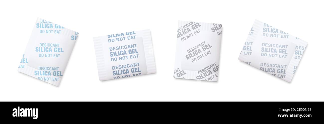 Sachets de gel de silice. Sélicagels à dessiccant Variuos dans des enveloppes de papier blanc. Substance chimique, outil industriel pour éviter l'humidité, la condensation. Banque D'Images