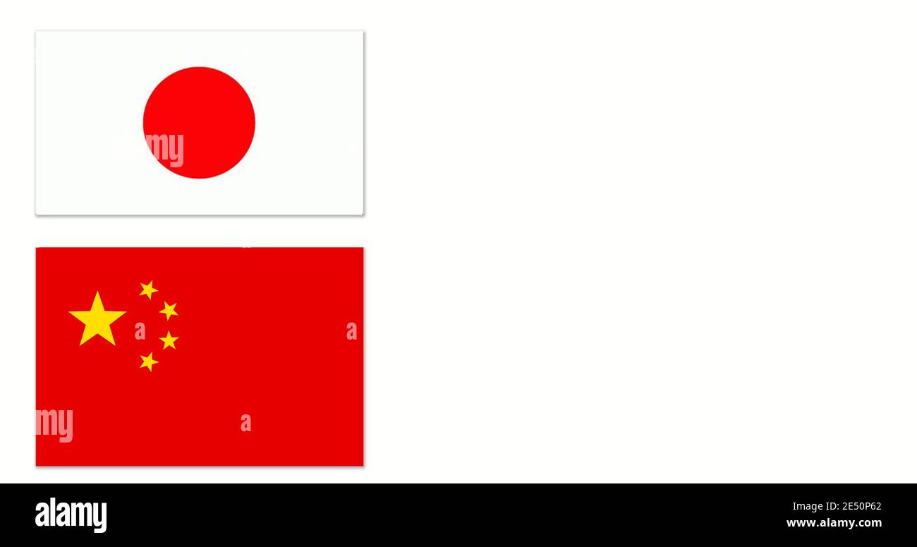 Le drapeau japonais et le drapeau chinois, sur fond blanc Banque D'Images
