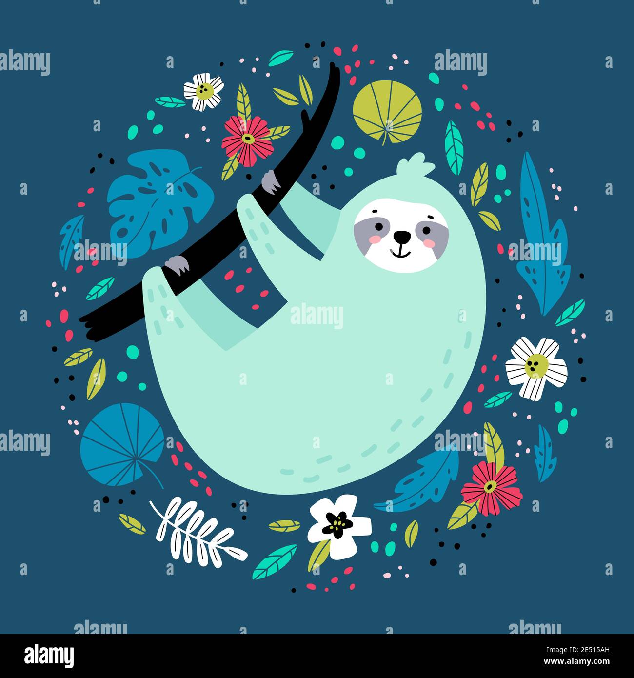 Sloth dans diverses feuilles et fleurs tropicales. Illustration de Vecteur
