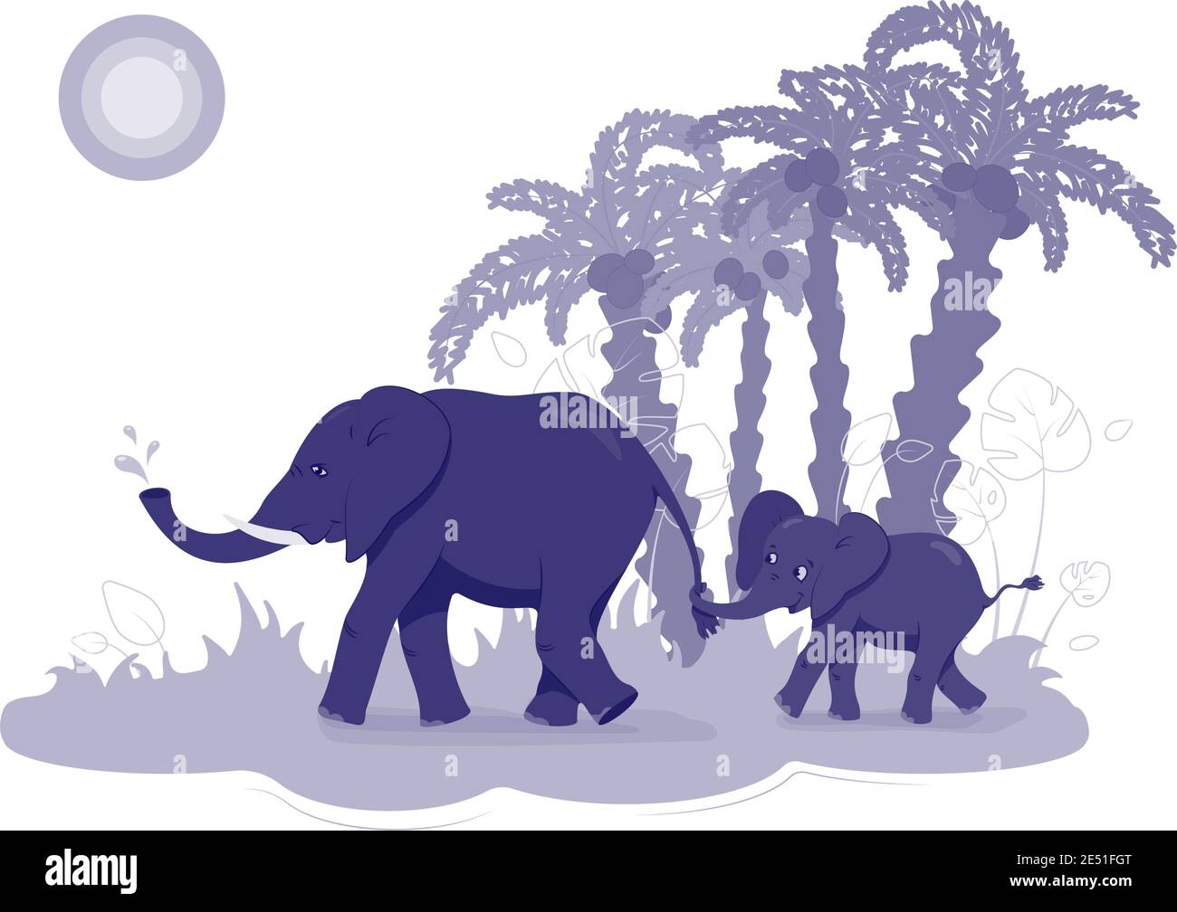 Éléphant et bébé éléphant tiennent sur la queue. Illustration de Vecteur