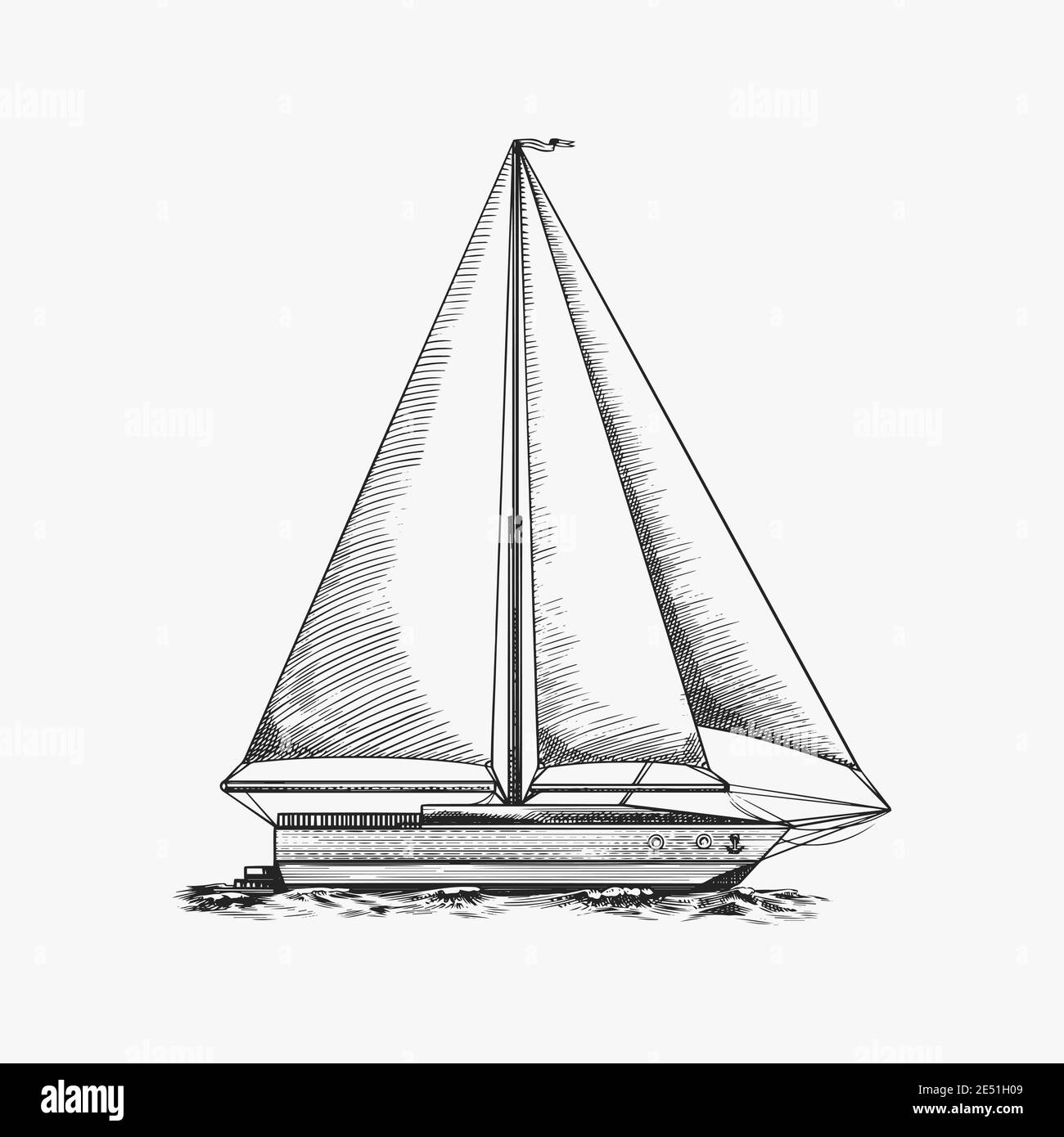 Voilier en mer, aventure estivale, vacances actives. Navire de mer, navire marin ou caravel nautique. Transport d'eau dans l'océan pour le marin et Illustration de Vecteur