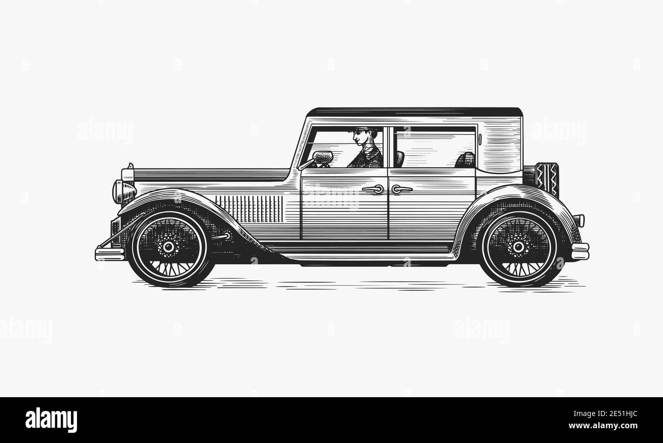 Voiture d'époque pour panneau de signalisation de service. Vieux transport. Voiture rétro Old School. Véhicule américain classique. Classe affaires. Esquisse gravée dessinée à la main. Illustration de Vecteur