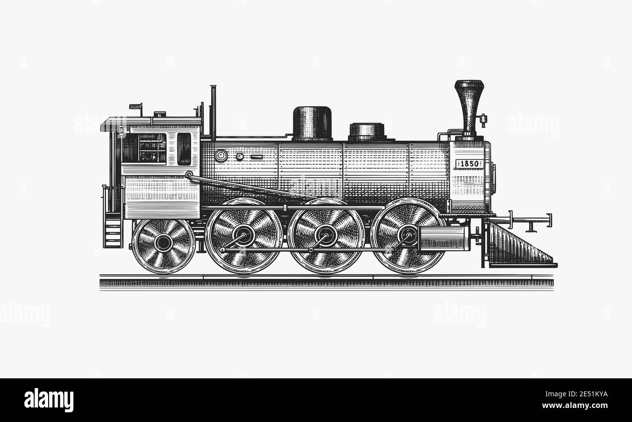 Ancienne locomotive ou train sur chemin de fer. Transport rétro. Vintage gravé, dessin dessiné à la main pour t-shirt. Illustration de Vecteur