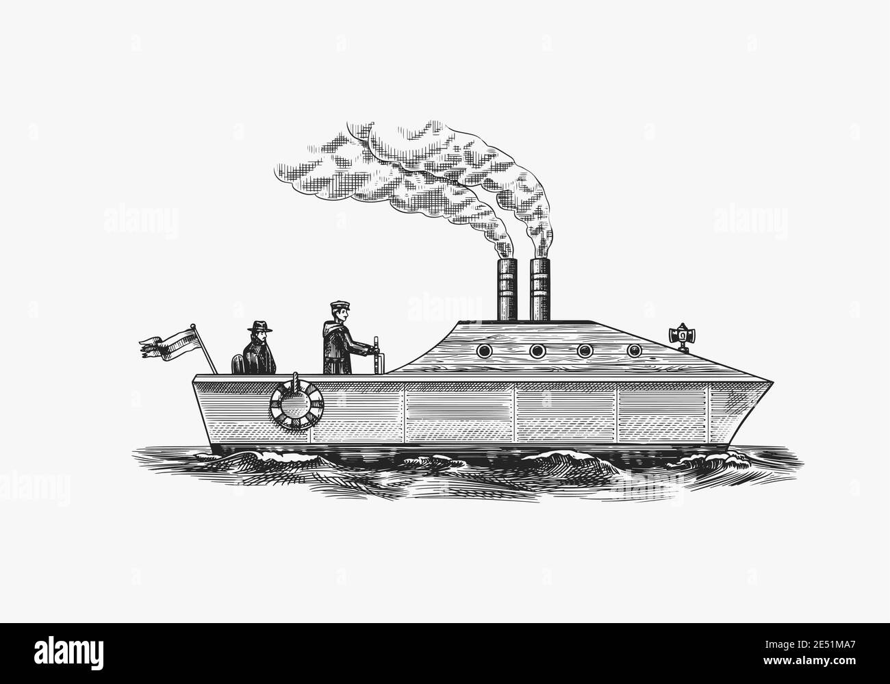 Bateau à moteur avec marins. Navire de mer avec fumée de vapeur de la pipe, voilier marin nautique. Transport de l'eau et marin dans l'océan. Wngraved Illustration de Vecteur