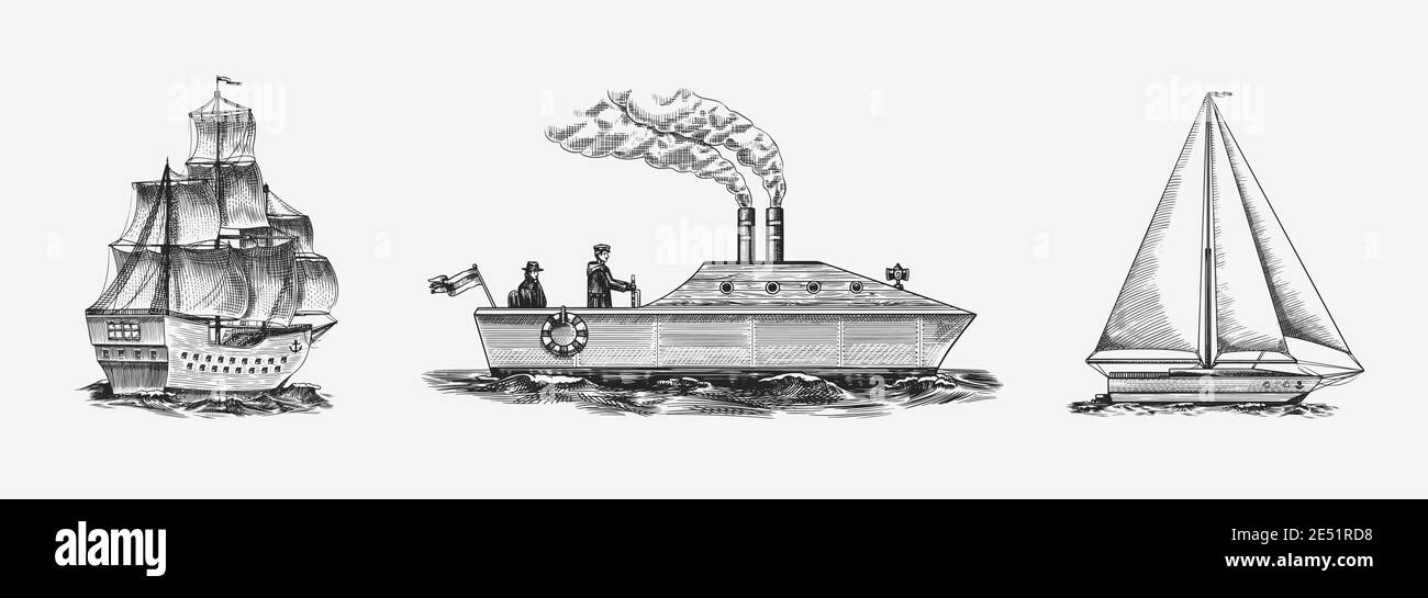 Voilier dans la mer, aventure d'été, vacances actives. Navire de mer avec fumée de vapeur provenant du tuyau. Navire de mer. Transport d'eau dans l'océan pour Illustration de Vecteur