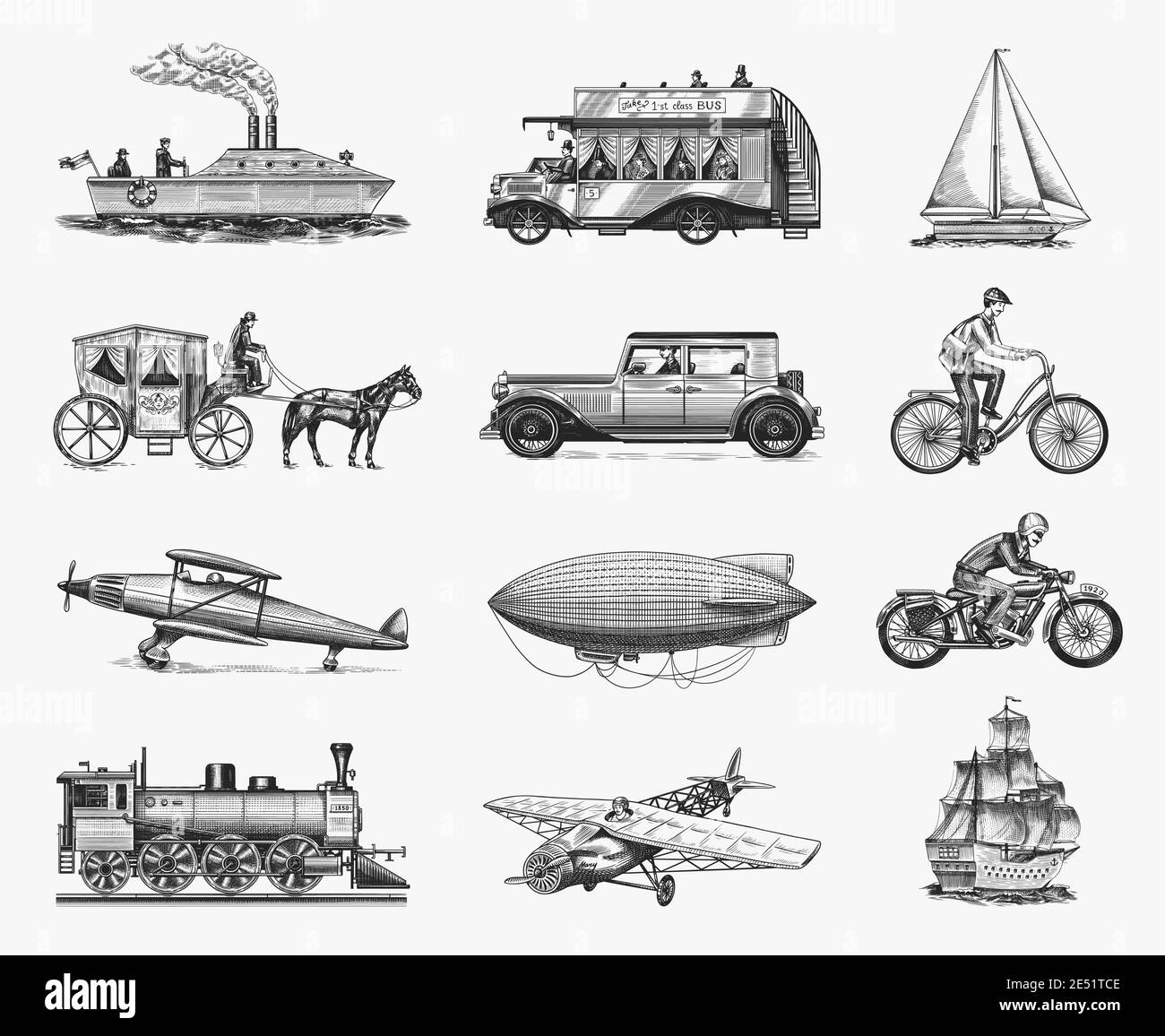 Sous-marin, bateau et voiture, moto, chariot à cheval. Navire ou dirigeable, ballon d'air, avions cornB, locomotive. Gravé à la main dans l'ancien Illustration de Vecteur
