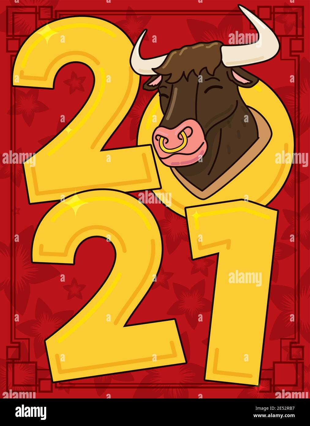 Golden date 2021 et Happy ox tête sur fond floral, annonçant le nouvel an chinois de l'Ox. Illustration de Vecteur
