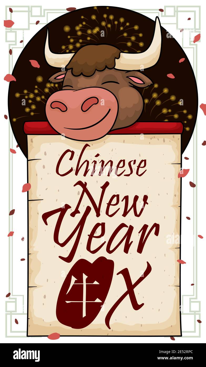 Bouton avec feu d'artifice festif, visage de boeuf souriant et de la spirale annonçant le nouvel an chinois de l'Ox (écrit en calligraphie chinoise). Illustration de Vecteur