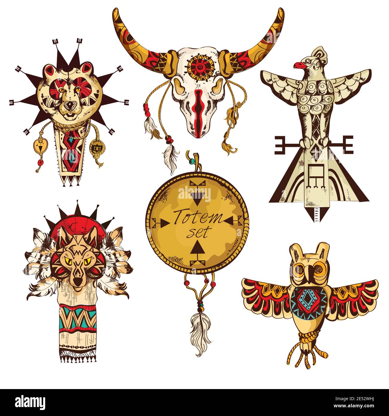 Ethnie américaine tribus animaux totems esquisse colorée éléments décoratifs ensemble illustration vectorielle isolée Illustration de Vecteur