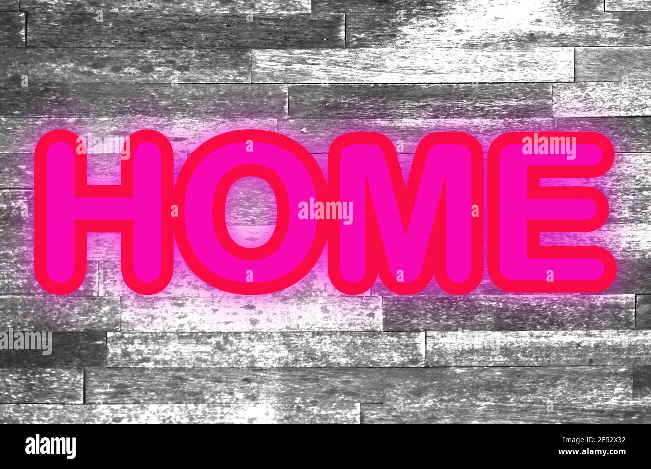 Parquet texturé noir et blanc avec texte rose fluo pour imiter un panneau néon. Banque D'Images