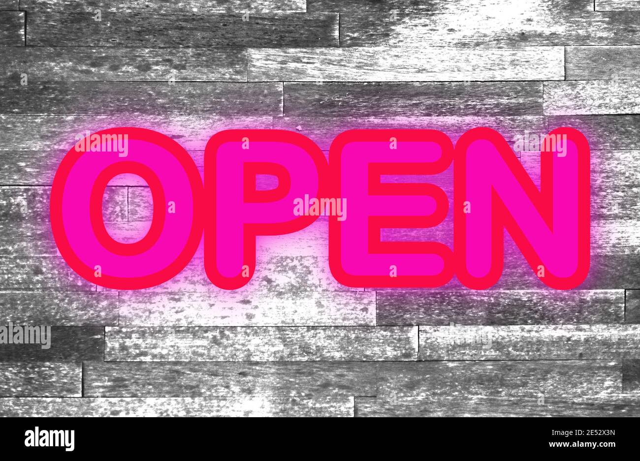 Parquet texturé noir et blanc avec texte rose fluo pour imiter un panneau néon. Banque D'Images