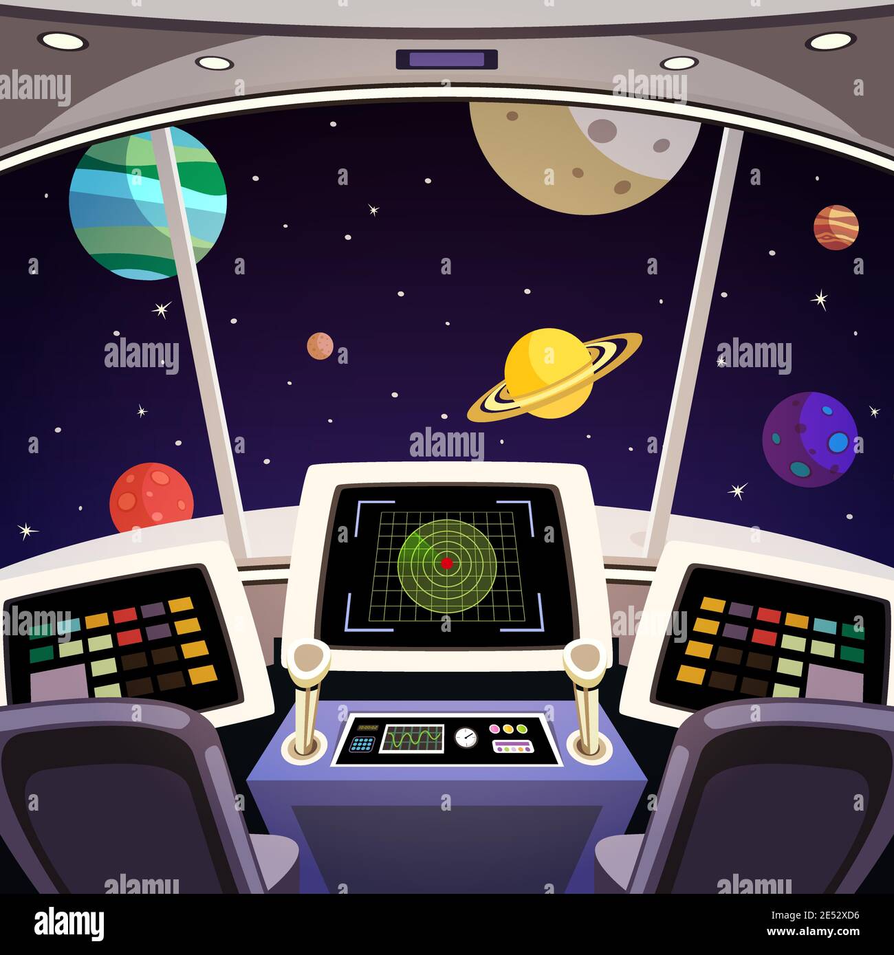 Cabine de vaisseau spatial volant dessin animé intérieur futuriste avec vecteur de fond spatial illustration Illustration de Vecteur