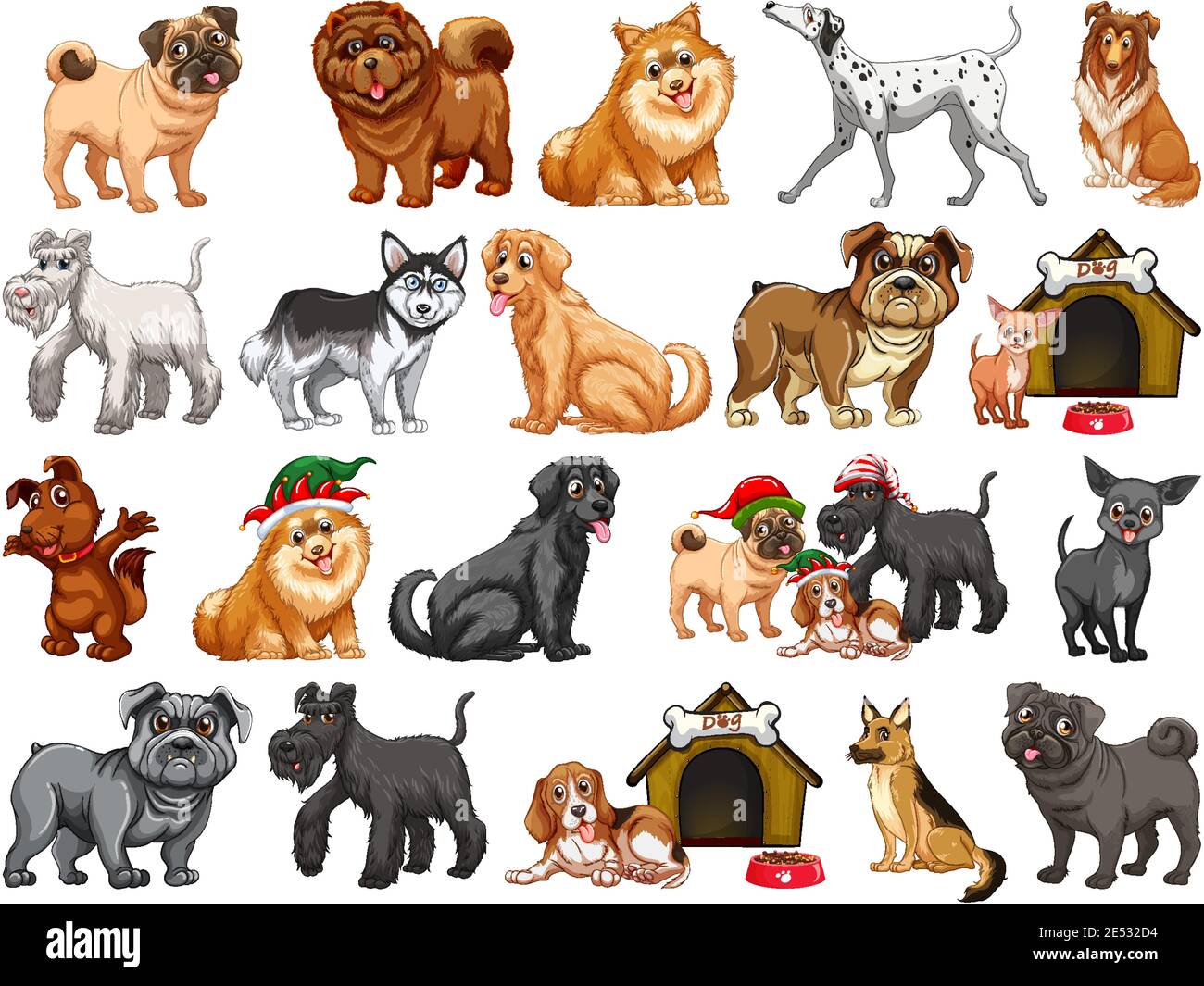Différents chiens drôles de style dessin animé isolés sur fond blanc illustration Illustration de Vecteur