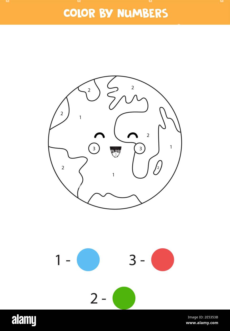Page de coloriage avec la jolie terre kawaii planète. Couleur par nombres. Jeu de mathématiques pour enfants. Illustration de Vecteur
