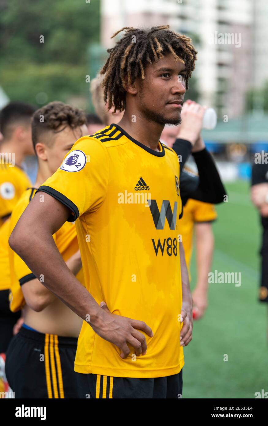 HONG KONG, HONG KONG SAR, CHINE : 18 MAI 2019. HKFC Citi Soccer Sevens Hong Kong.Leicester City vs Wolverhampton Warriors. Dion Sanderson de Wolverhamp Banque D'Images