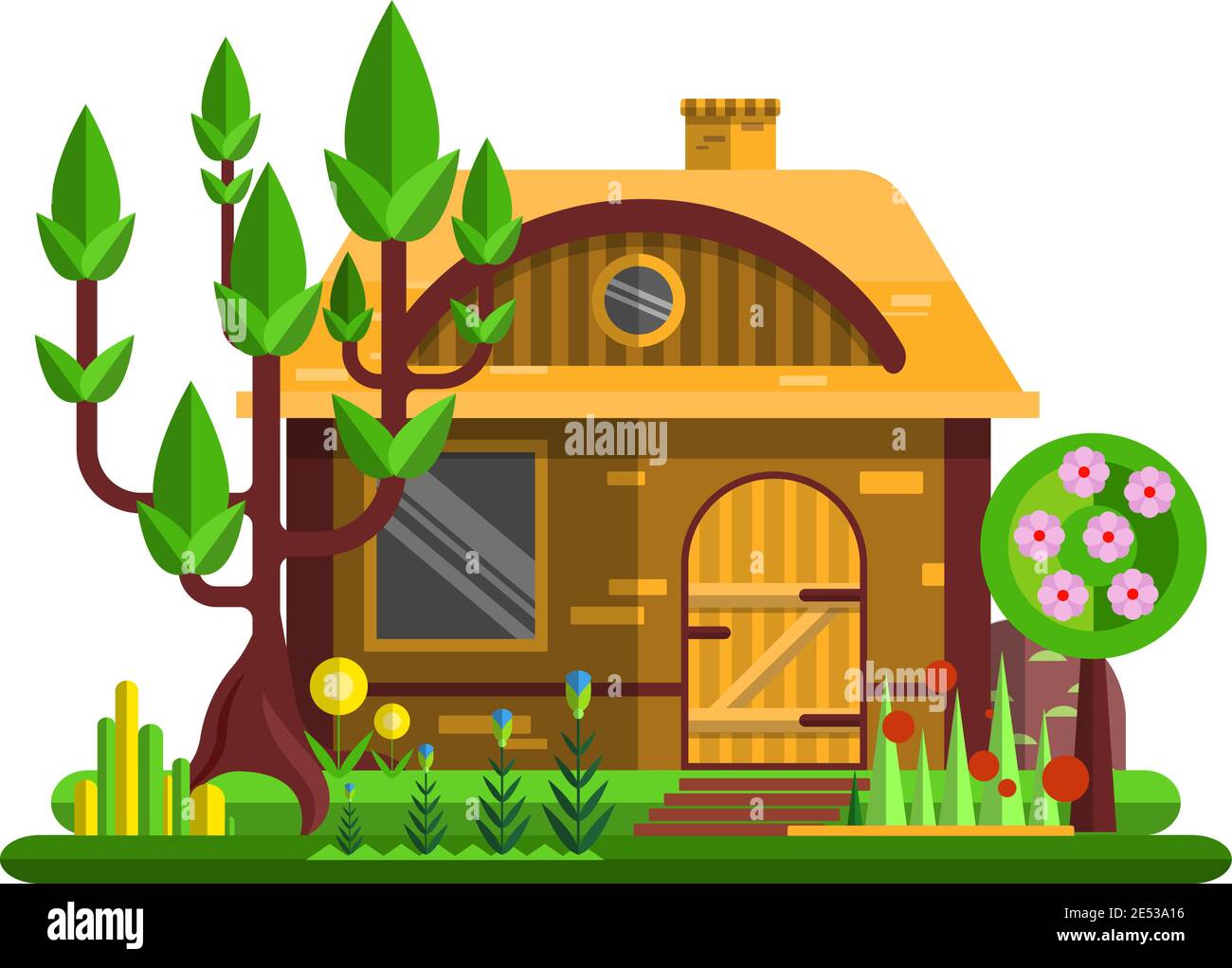 Paysage de printemps, illustration isolée à vecteur plat. Printemps nature. Illustration de Vecteur