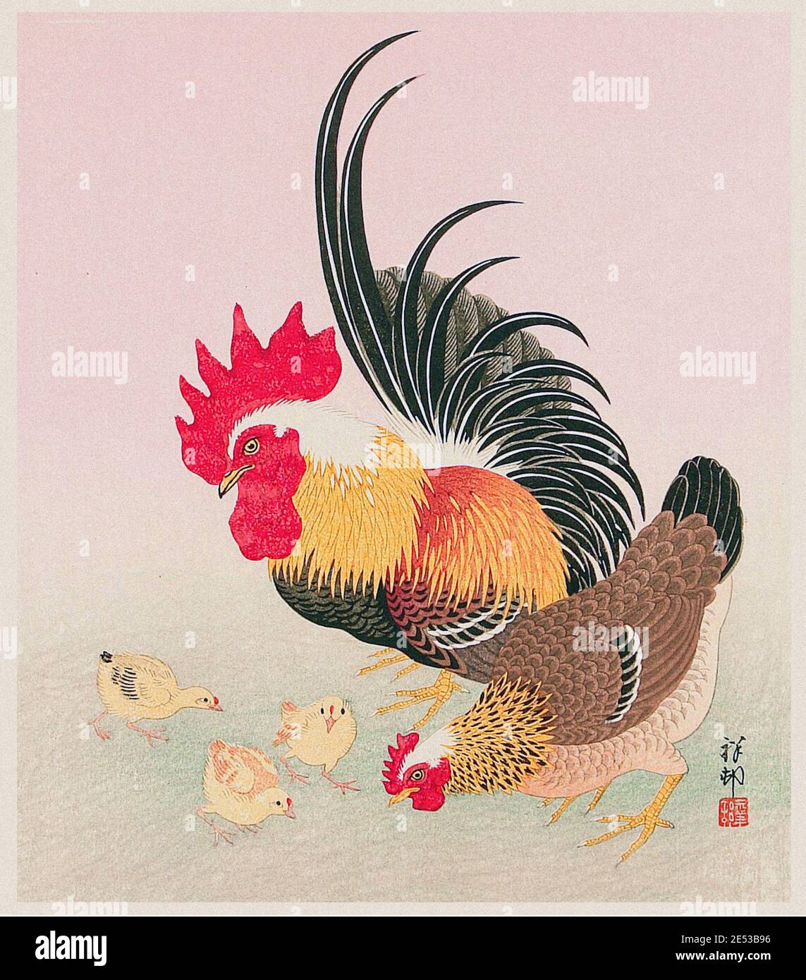 Ohara Koson: Famille de poulet. Japon. 1934 Ohara Koson (1877 – 1945) est un peintre et dessinateur japonais de la fin du XIXe siècle et du début du XXe siècle Banque D'Images