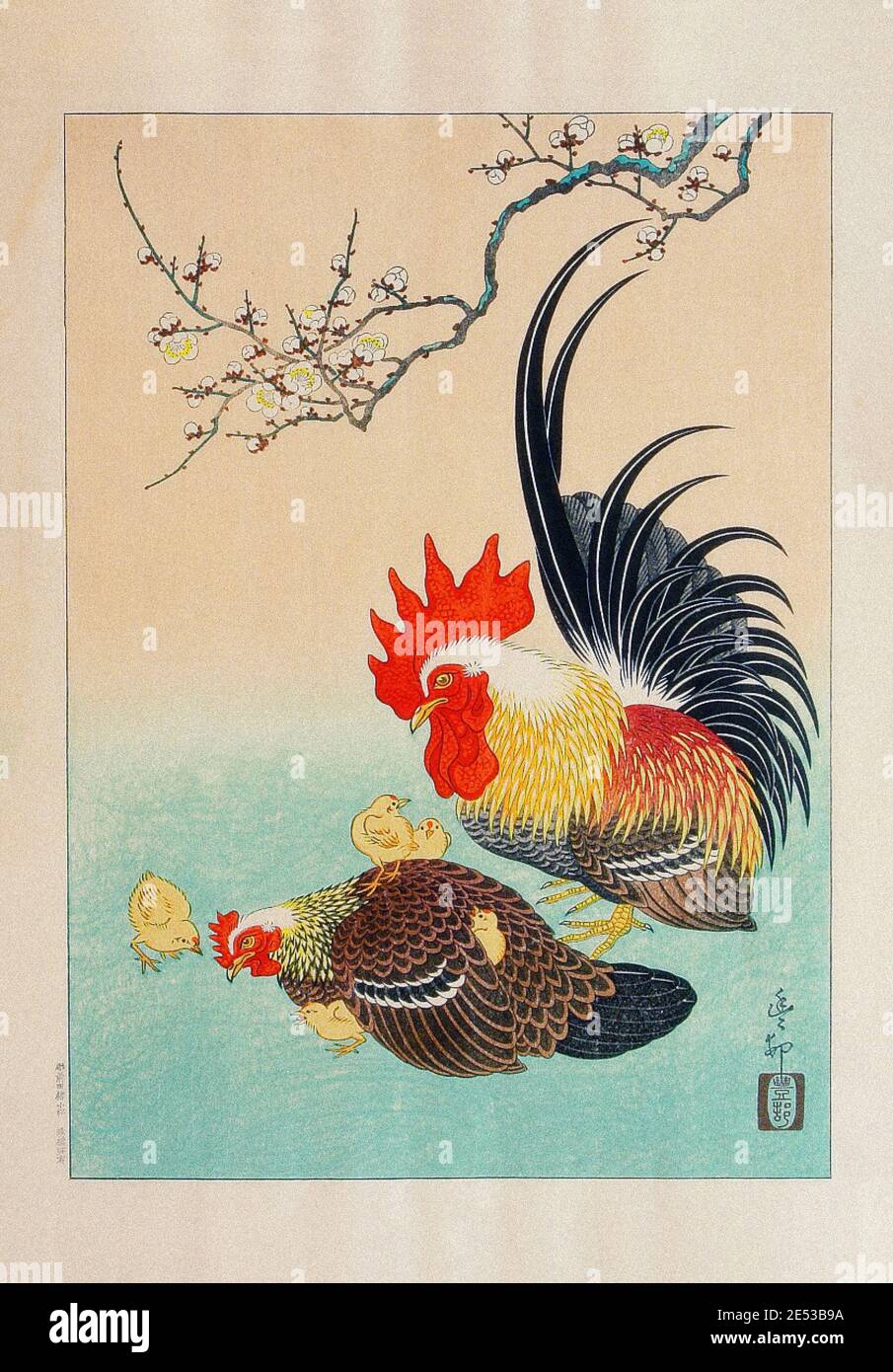 Ohara Koson: Famille de poulet. Japon. 1934 Ohara Koson (1877 – 1945) est un peintre et dessinateur japonais de la fin du XIXe siècle et du début du XXe siècle Banque D'Images