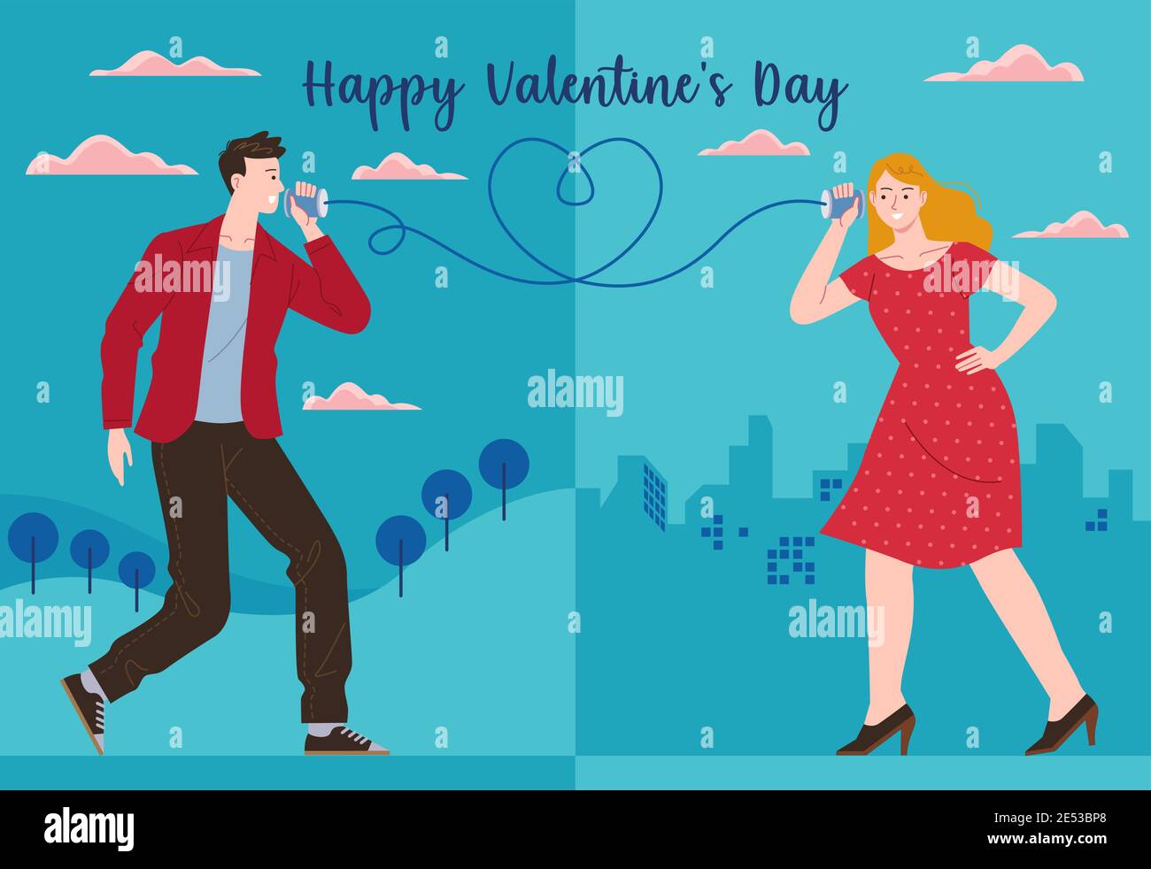 Un Homme Envoie Un Message D Amour A Son Partenaire Feminin En Utilisant Un Telephone A Cordes Dans Une Ville Differente Representant Une Relation Longue Distance Sur Valenti Image Vectorielle Stock Alamy