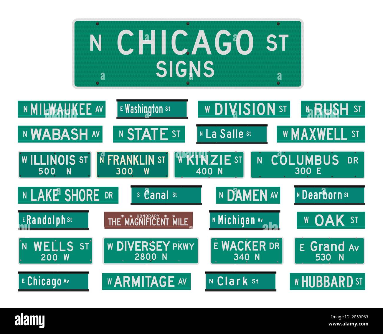 Illustration vectorielle des célèbres rues et avenues de Chicago signes Illustration de Vecteur