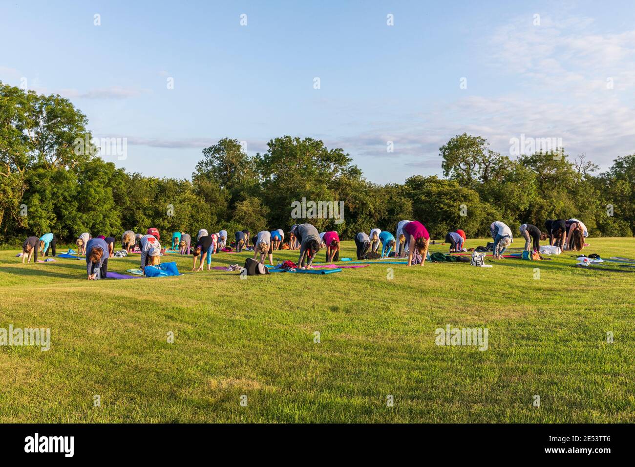 Cours de yoga en plein air au coucher du soleil dans un cadre naturel Banque D'Images