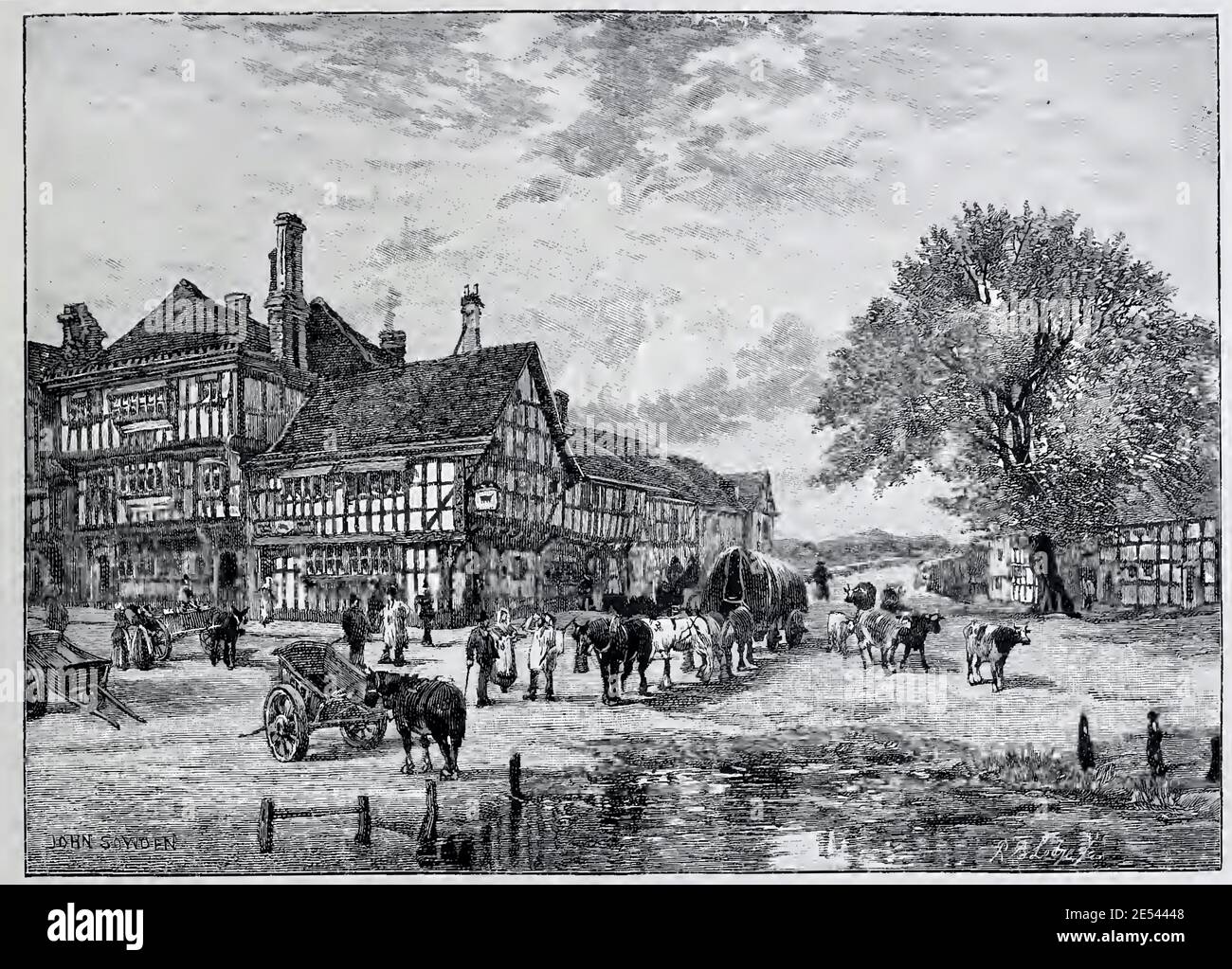John Sowden illustration du Black Bear Inn Tewkesbury Gloucestershire de 1887. Scène de rue avec un étang, des animaux et des gens en face du pub. Banque D'Images