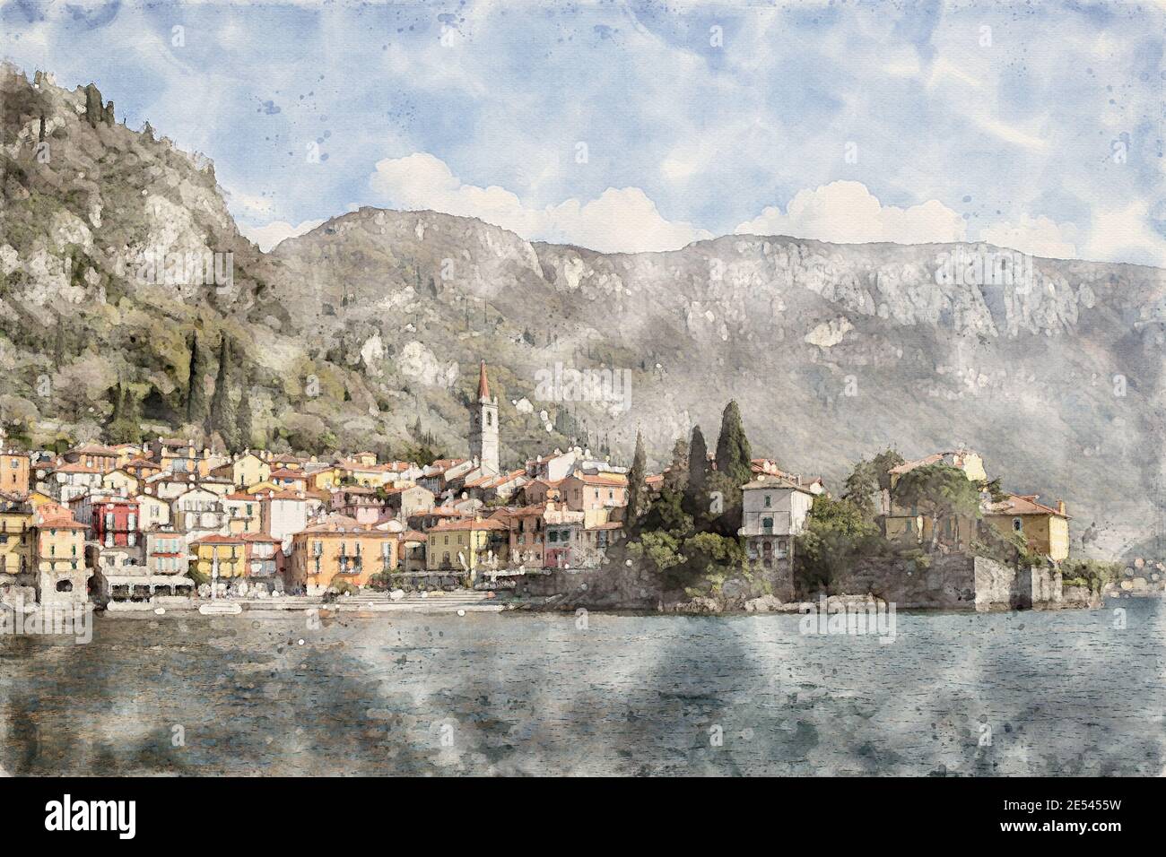 Varenna sur le lac de Côme dans le nord de l'Italie. Aquarelle Illustration. Banque D'Images