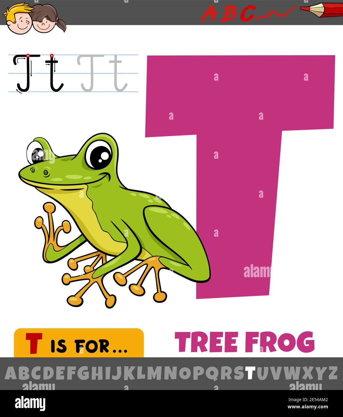 Illustration pédagogique de la lettre T de l'alphabet avec arbre personnage animal grenouille pour enfants Illustration de Vecteur