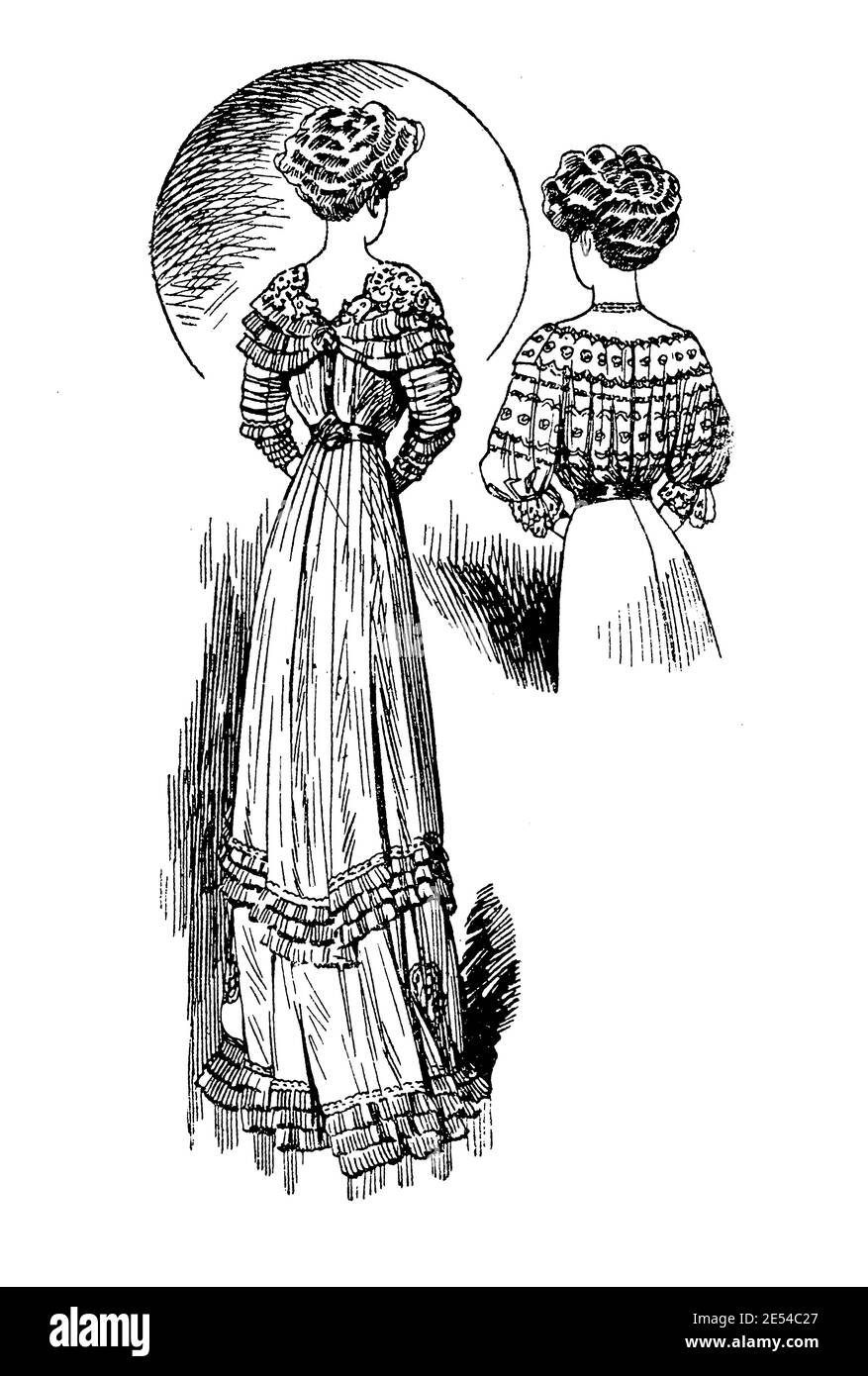 Dames Fashion 1908, longues et élégantes lignes avec corset pour obtenir une silhouette étroite avec la poitrine complète, complété avec Gibson fille hairstyle, frontal et vue arrière Banque D'Images