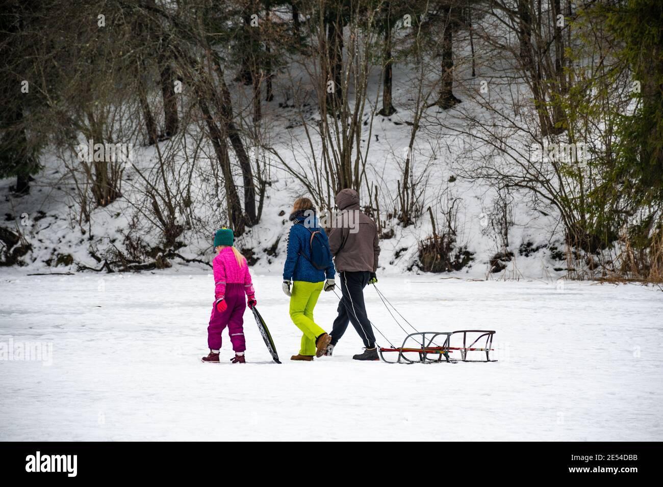 Famille avec enfant ou enfant marchant sur un lac gelé en hiver, avec traîneau et forêt en arrière-plan Banque D'Images