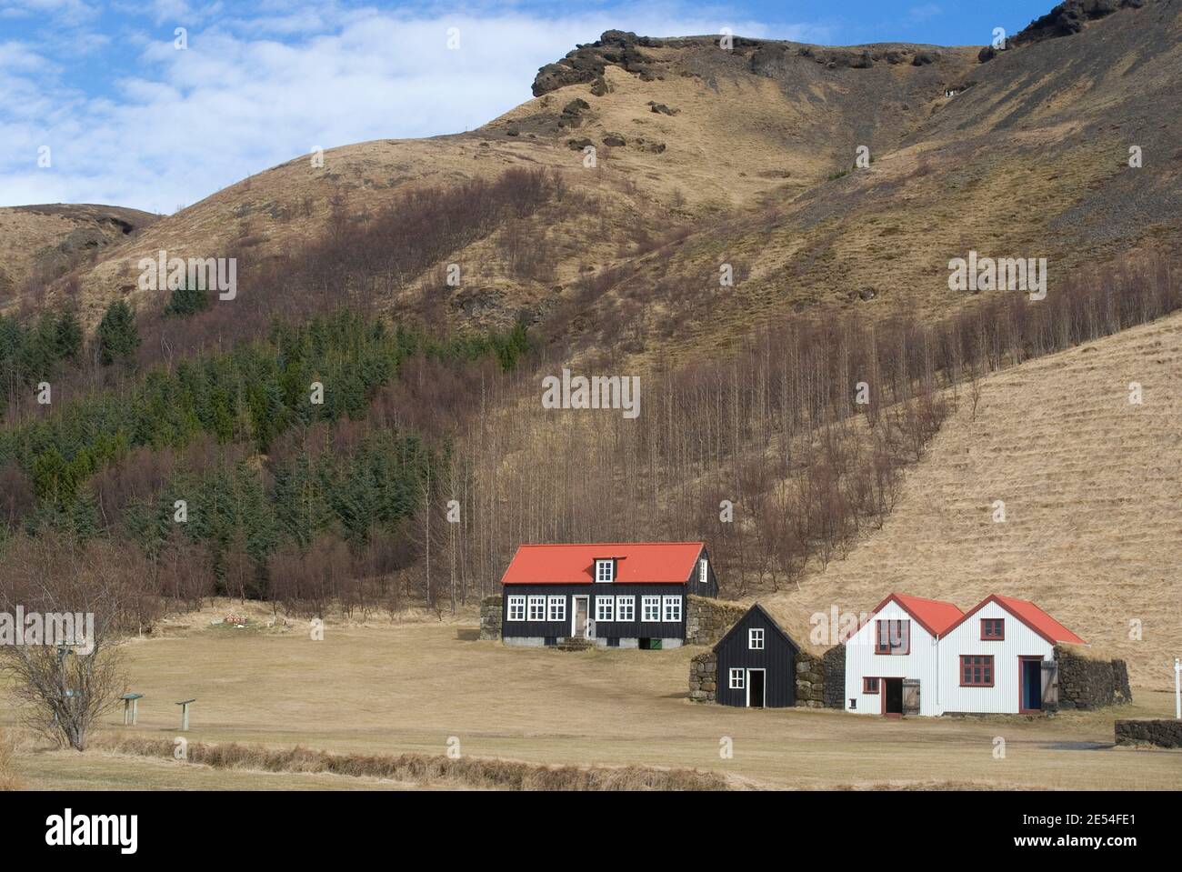 Pelouse traditionnelle, maisons à moitié souterraines et vieille école du siècle dernier (et avant), Musée Skoga, près de Skogafoss | AUCUN | Banque D'Images