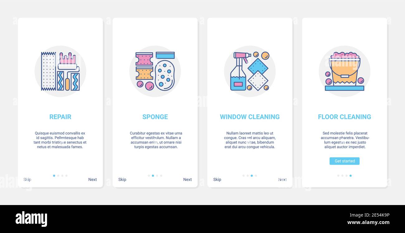 Illustration vectorielle des accessoires de nettoyage. UX, UI Onboarding mobile application page set avec équipement de nettoyage général de ligne et de réparation d'entretien ménager, éponge de rouleau de peinture, fenêtre et nettoyant de plancher Illustration de Vecteur